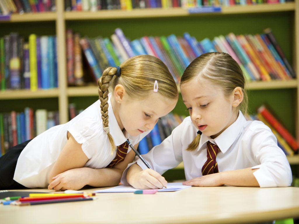 Two young school girls concentrate on doing their school homework 000028557554 Large