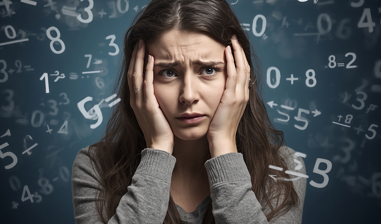 Maths anxiety a stressed woman surrounded by floating mathematical equations numbers and symbols overwhelming atmosphere anxious expression chaotic swirling numbers and formulas