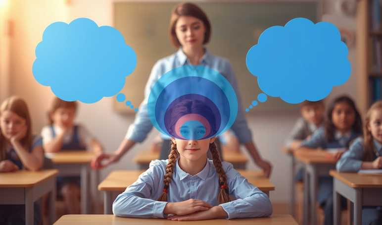 A primary school classroom scene showing a white girl with plaits sitting at a desk in sharp focus in the foreground with nested thought bubbles coming from her head three thought bubbles inside each other in different shades of blue and purple l