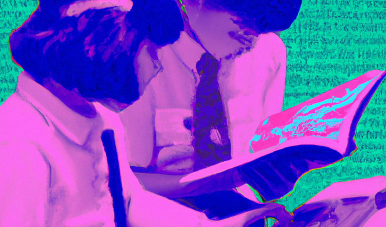 DALL E 2023 02 03 08 01 34 two children reading vaporwave