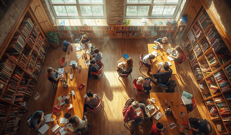 An image of secondary school children reading in a library diverse