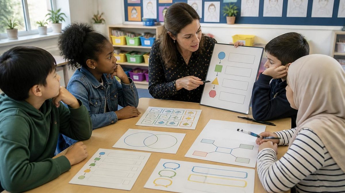 Editorial education blog image for a section about universal classroom strategies and adaptive teaching Show a close realistic classroom scene with a teacher and pupils using inclusive learning supports a vi 1